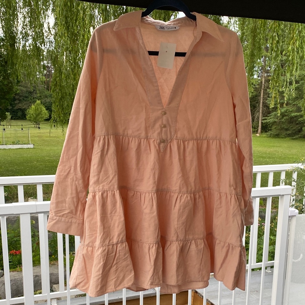 065. Zara Pink corduroy Tiered V-Neck Dress